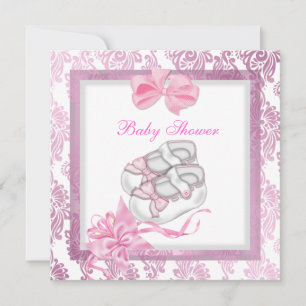 Baby shower Meisje Baby Roze schoenen Damask White Kaart