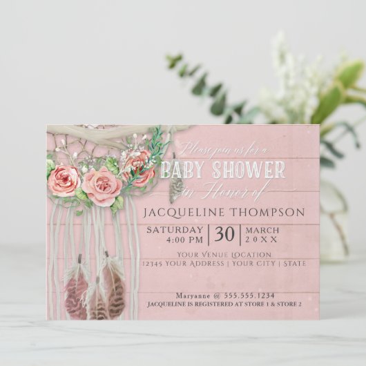 Baby shower Meisje BOHO Droomvanger Hout Bloemen Kaart (Staand voorkant)
