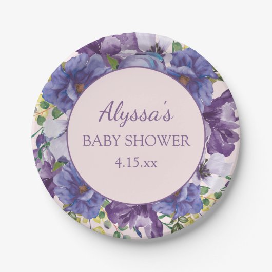 Baby shower Meisje Paarse Roze Gele Floral Papieren Bordje (Voorkant)