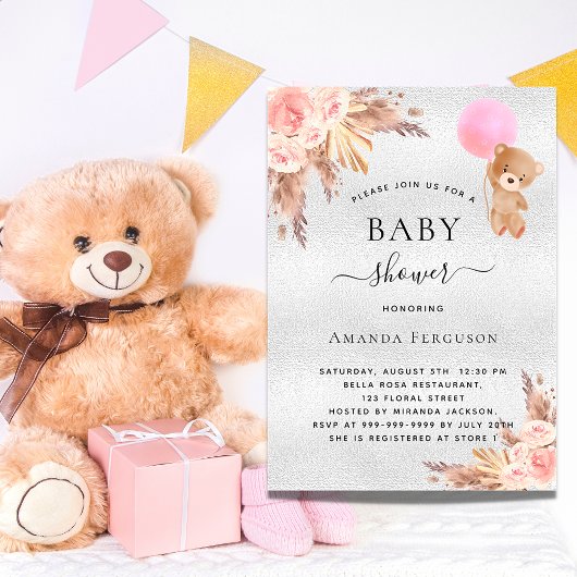 Baby shower meisje pampas gras teddy Silver luxe Kaart