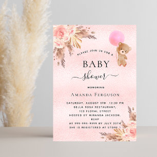 Baby shower meisje pampas teddy draagt roze luxe kaart