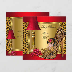 Baby Shower Meisje Rood Goud Rozen Luipaard Schoen Kaart