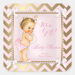 Baby shower Meisje Roze Parel Goud Chevron Blond Vierkante Sticker