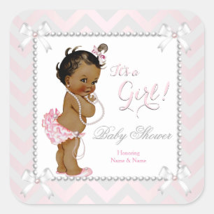 Baby Shower Meisje Roze Parel Grijs Wit Etnisch Vierkante Sticker