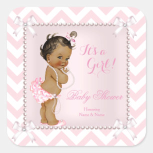 Baby Shower Meisje Roze Parel Wit Chevron Etnisch Vierkante Sticker