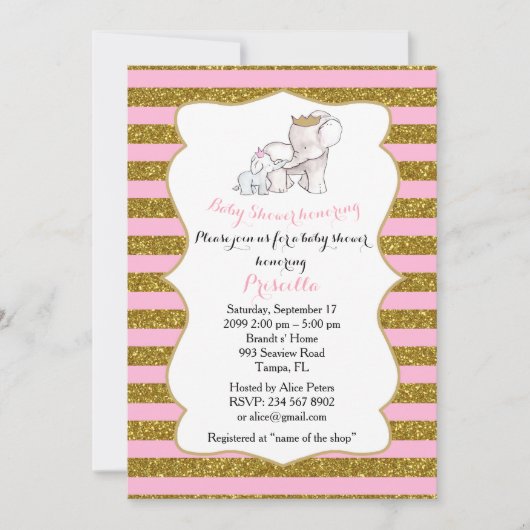 baby shower MEISJE, strip, roze, glitter, olifante Kaart (Voorkant)