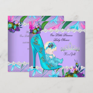 Baby Shower Meisje Turquoise Paars Bloemstuk Schoe Kaart