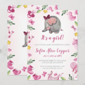 Baby shower meisje uitnodiging | Roze | Olifant (Voorkant / Achterkant)