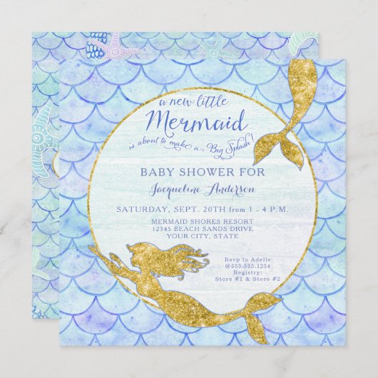 Baby shower Meisje Zeemeermin Waterverf Schalen n Kaart (Voorkant / Achterkant)