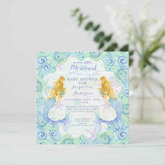 Baby shower Meisje Zeemeermin Waterverf Waves Wood Kaart (Staand voorkant)