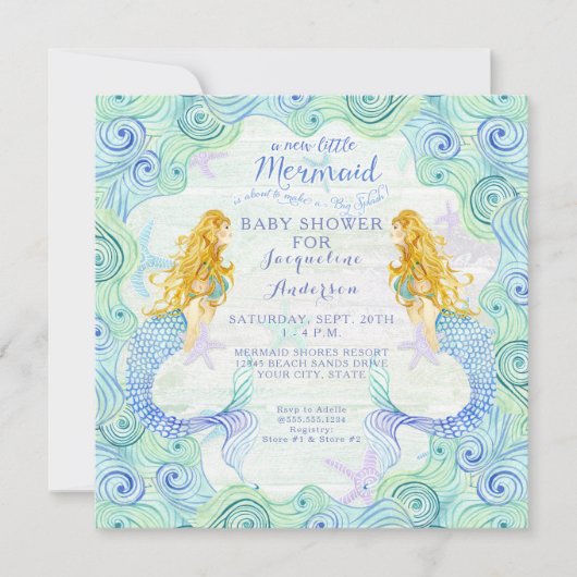 Baby shower Meisje Zeemeermin Waterverf Waves Wood Kaart (Voorkant)