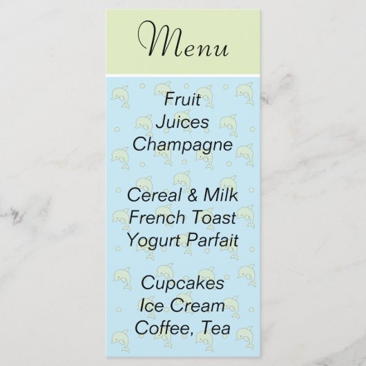 Baby shower menu "Blauwe Dolfijnen" (Voorkant)