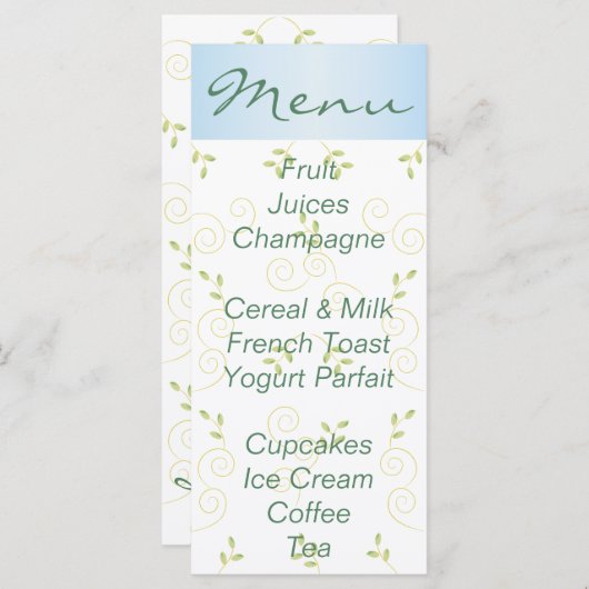 Baby shower Menu "Goudblauwe Vogels" (Voorkant / Achterkant)