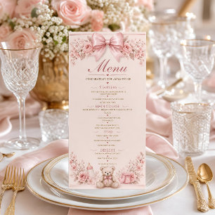 Baby Shower Menukaart, Coquette Roze Strik Teddy B Menu
