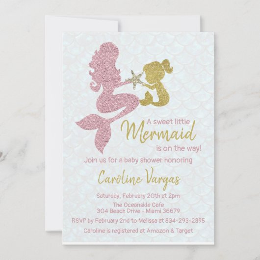 Baby shower Mermaid Invitation Rose Or & Or (Devant)