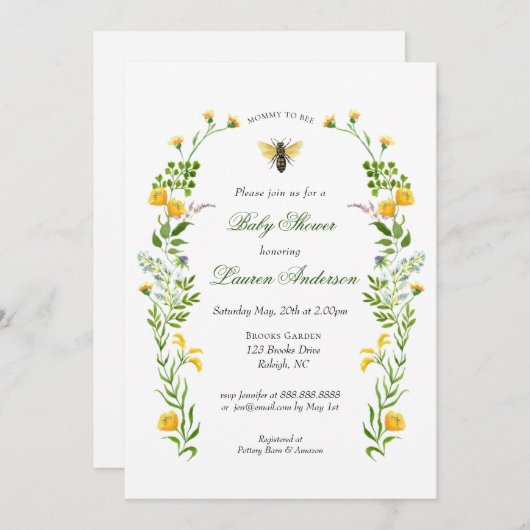 Baby Shower met Bij en Wilde Bloem Kaart (Voorkant / Achterkant)