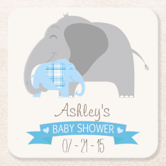 Baby shower met blauw geplakt Baby-olifant Vierkante Kartonnen Onderzetter