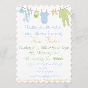 Baby shower met blauwe en groene kledingstukken kaart