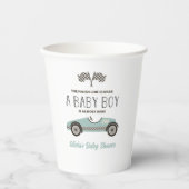 baby shower met blauwe loopauto papieren bekers (Voorkant)