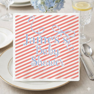 Baby shower met blauwe strik en rode streep servet