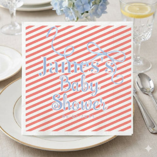 Baby shower met blauwe strik en rode streep servet