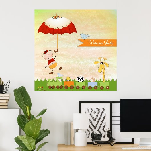 Baby shower met dieren en paraplu poster (Thuiskantoor)