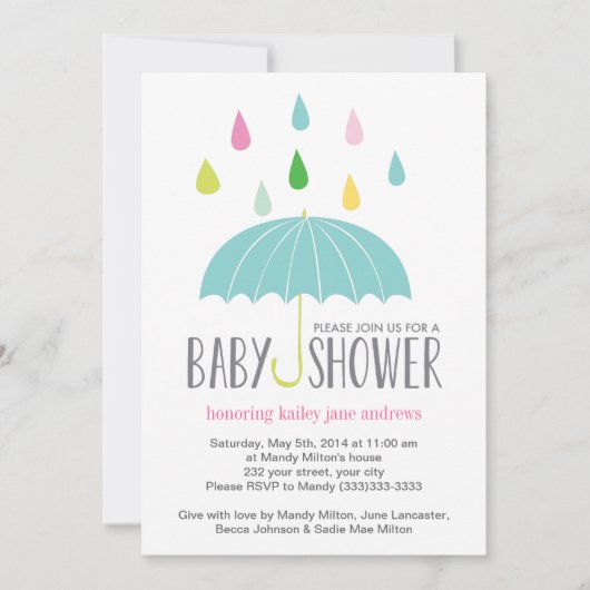 Baby shower met gekleurde regendruppels uitnodigin kaart (Voorkant)