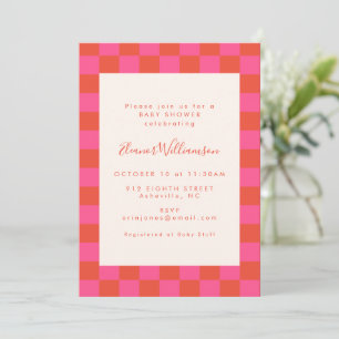 Baby Shower met Opvallend Roze Oranje Schaakbord P Kaart