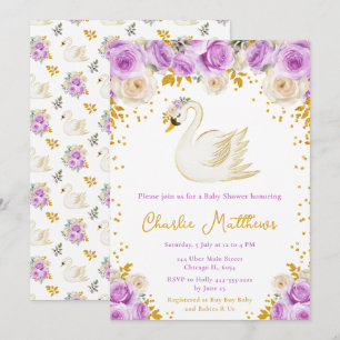 Baby Shower met Paarse en Gouden Rozen en Zwanen Kaart