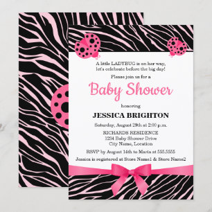 Baby shower met roze ladybug Zebra Stripes Kaart