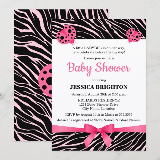 Baby shower met roze ladybug Zebra Stripes Kaart (Voorkant / Achterkant)
