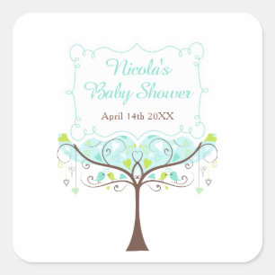 Baby Shower met Vogels Hartjes Boom Blauw en Groen Vierkante Sticker
