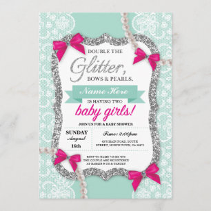 baby shower Mint Glitter Bow Twins Girls nodigt ui Kaart