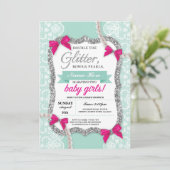 Baby shower Mint Glitter Bow Twins Meisjes Uitnodi Kaart (Staand voorkant)