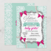 Baby shower Mint Glitter Bow Twins Meisjes Uitnodi Kaart (Voorkant / Achterkant)