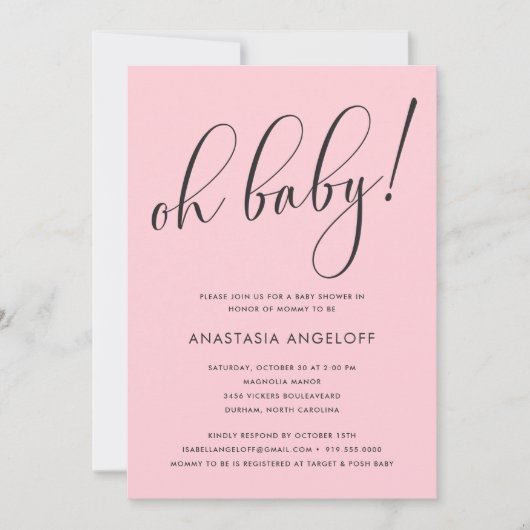 Baby shower Modern Script Blush Invitation Kaart (Voorkant)