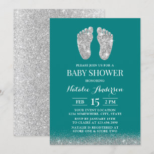 Baby shower Modern Silver Glitter Baby Foot Blauwg Kaart