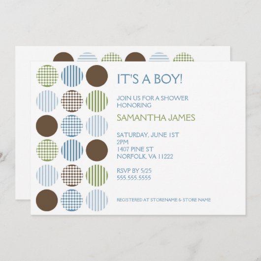 Baby shower moderne Boy Dot Invitation Vert bleu B (Devant / Derrière)