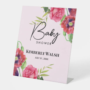 Baby shower Moderne rode roze bloemen op lichtroze Reclamebord Met Voetstuk
