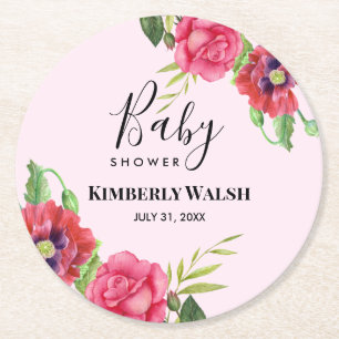 Baby shower Moderne rode roze bloemen op lichtroze Ronde Kartonnen Onderzetter