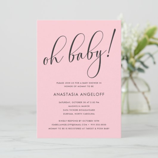 Baby shower Moderne Script Blush Invitation (Debout devant)