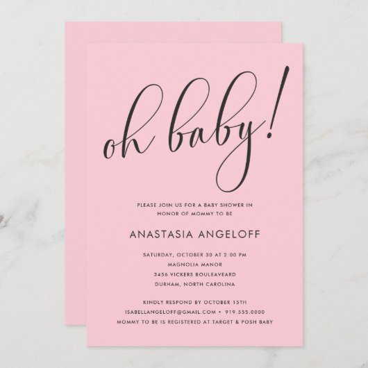 Baby shower Moderne Script Blush Invitation (Devant / Derrière)