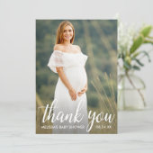 Baby shower Moderne Script Merci Carte photo (Debout devant)