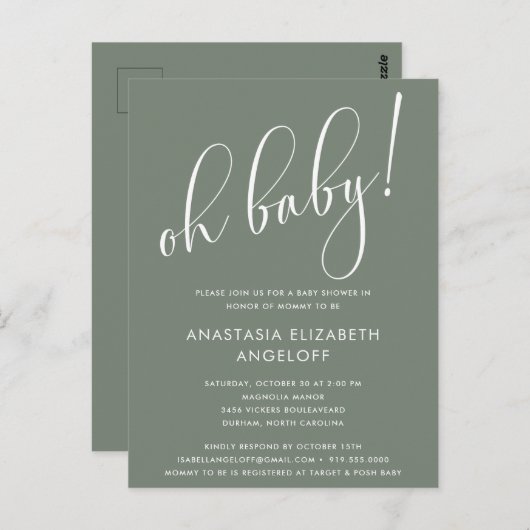 Baby shower Moderne Script Sage Green Invitation (Devant / Derrière)