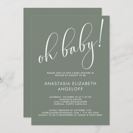 Baby shower Moderne Script Sage Green Invitation (Devant / Derrière)
