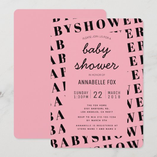 Baby shower moderne tendance rose noir Invitation (Devant / Derrière)