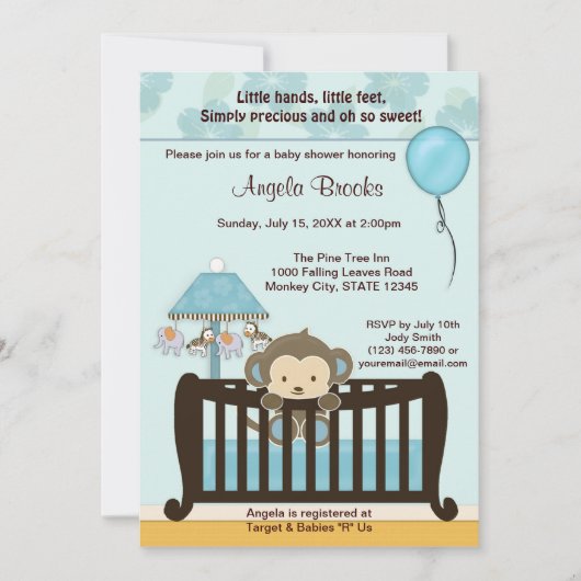 Baby shower MONKEY Invitation Crib CJ-BLUE (Devant)