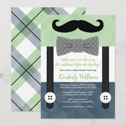 baby shower moustache invitation verte marine arc  (Devant / Derrière)