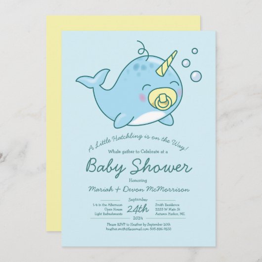 Baby shower Narwhal Kawaii Invitation (Devant / Derrière)