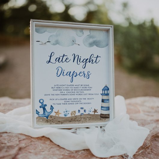 Baby shower Nautical Late Night Diapers Sign Poster
